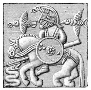 A plate from a Vendel era helmet possibly depicting Odinn; from Oscar Montelius, Om lifvet i Sverige under hednatiden (Stockholm, 1905) p. 98